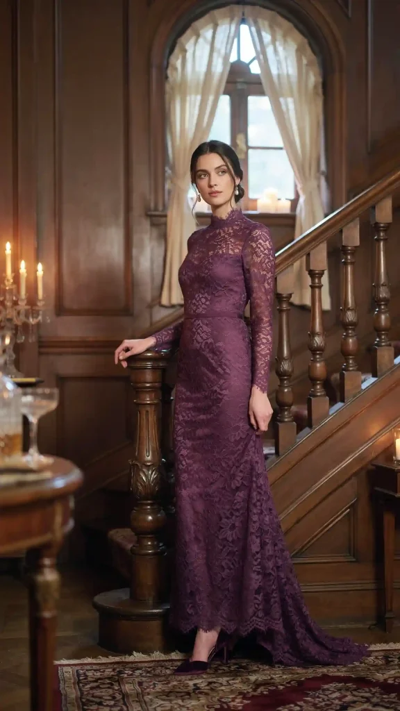 Plum-Lace-High-Neck-Dress-with-Velvet-Heels Plum Lace High Neck Dress with Velvet Heels