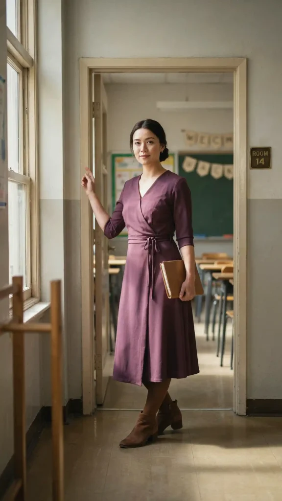 Plum-Wrap-Dress-With-Brown-Tights-and-Suede-Boots Plum Wrap Dress With Brown Tights and Suede Boots