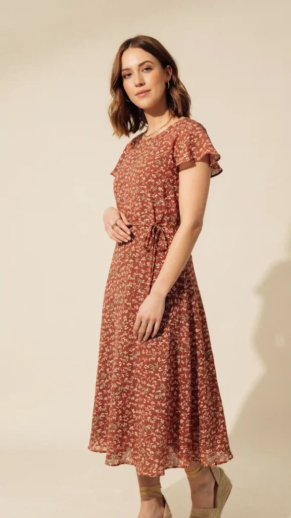 Rust-Floral-Midi-Dress-with-Espadrille-Wedge-Sandals Rust Floral Midi Dress with Espadrille Wedge Sandals