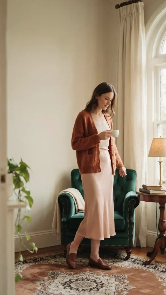 Rust-Knit-Cardigan-with-Satin-Midi-Skirt-and-Loafers Rust Knit Cardigan with Satin Midi Skirt and Loafers