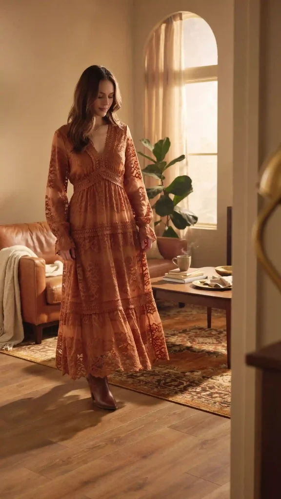 Rust-Lace-Bohemian-Maxi-Dress-with-Ankle-Boots Rust Lace Bohemian Maxi Dress with Ankle Boots