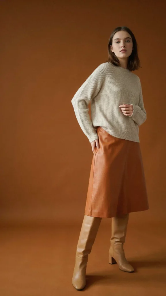 Rust-Leather-Midi-Skirt-with-Cream-Cashmere-Sweater Rust Leather Midi Skirt with Cream Cashmere Sweater