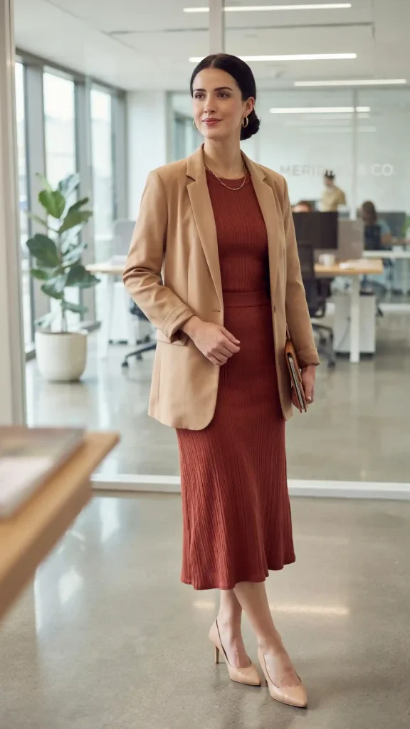 Rust-Midi-Dress-With-Tailored-Camel-Blazer-Layer Rust Midi Dress With Tailored Camel Blazer Layer