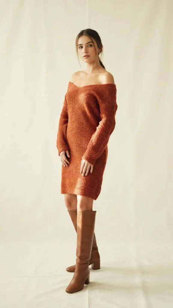 Rust-Off-Shoulder-Knit-Dress-with-Knee-High-Boots Rust Off Shoulder Knit Dress with Knee High Boots