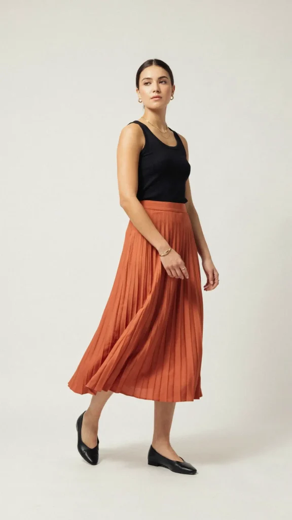 Rust-Pleated-Midi-Skirt-with-Black-Fitted-Tank-Top Rust Pleated Midi Skirt with Black Fitted Tank Top