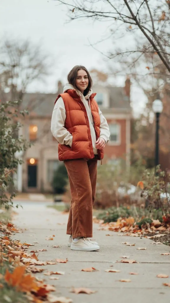 Rust-Puffer-Vest-with-Cream-Hoodie-and-Corduroy-Pants Rust Puffer Vest with Cream Hoodie and Corduroy Pants