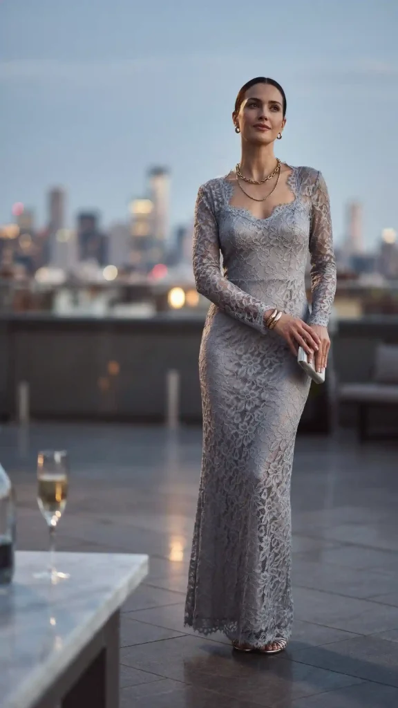 Silver-Gray-Lace-Column-Dress-with-Metallic-Accessories Silver Gray Lace Column Dress with Metallic Accessories