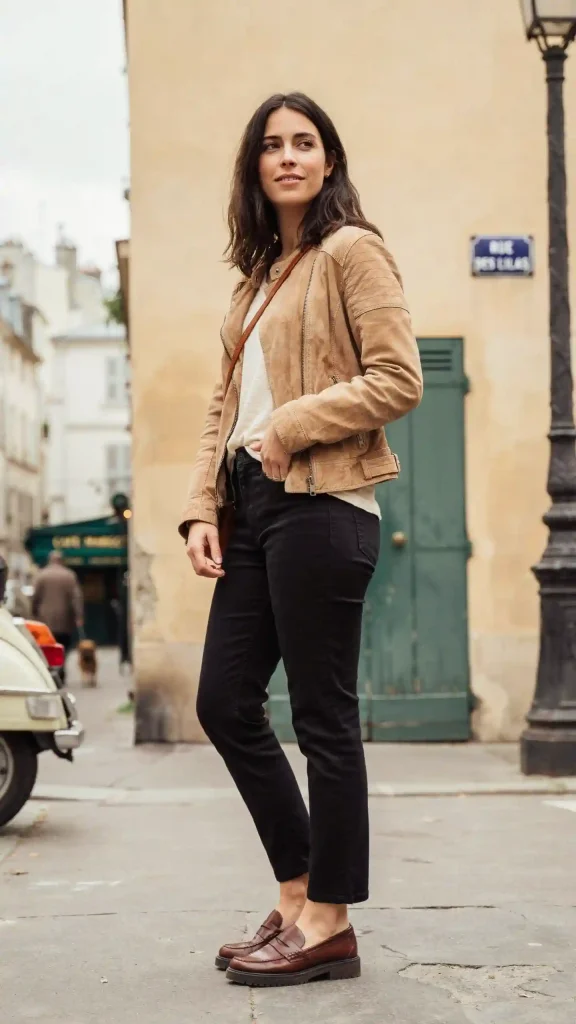Tan-Suede-Jacket-with-Black-Jeans-and-Chunky-Loafers Tan Suede Jacket with Black Jeans and Chunky Loafers