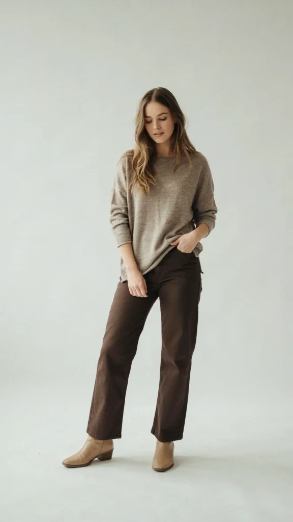 Taupe-Draped-Sweater-with-Dark-Brown-Wide-Leg-Jeans Taupe Draped Sweater with Dark Brown Wide Leg Jeans