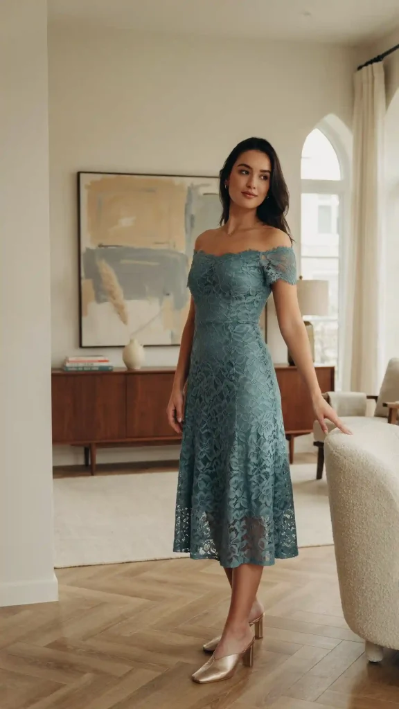 Teal-Lace-Off-Shoulder-Dress-with-Heeled-Mules Teal Lace Off Shoulder Dress with Heeled Mules