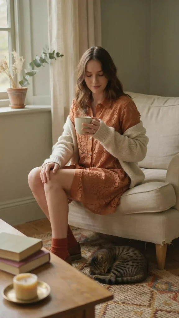 Terracotta-Lace-Button-Front-Dress-with-Layered-Knitwear Terracotta Lace Button Front Dress with Layered Knitwear