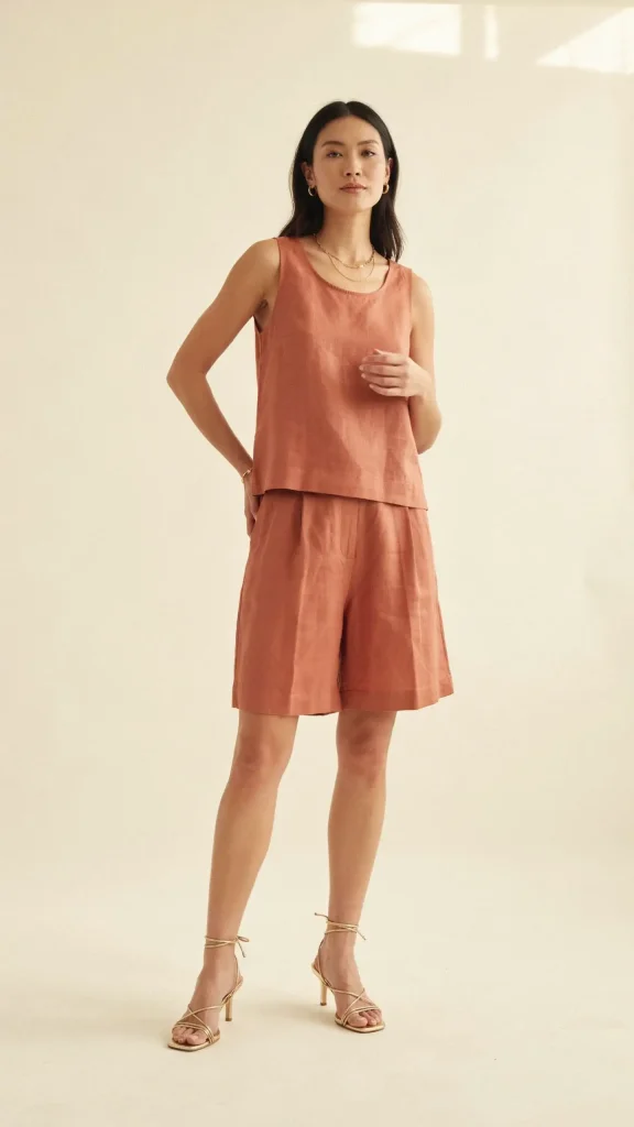Terracotta-Linen-Co-Ord-with-Gold-Strappy-Heeled-Sandals Terracotta Linen Co Ord with Gold Strappy Heeled Sandals