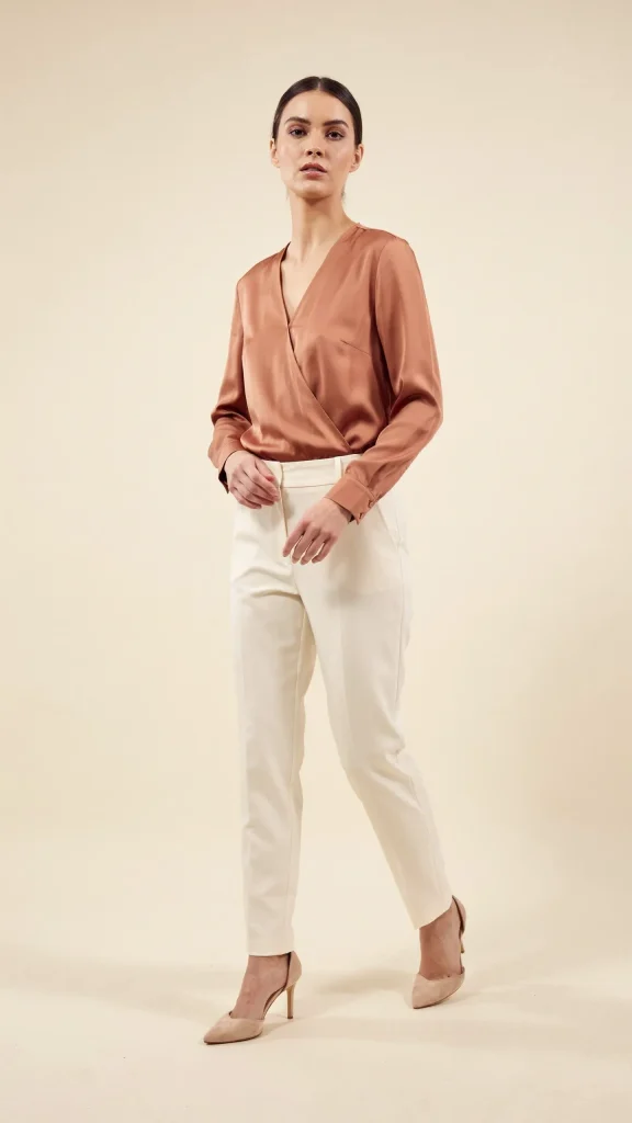 Terracotta Wrap Blouse with Cream Tailored Trousers Terracotta Wrap Blouse with Cream Tailored Trousers