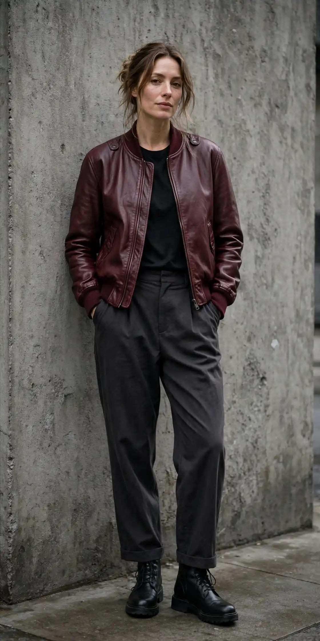 Burgundy Leather Bomber Jacket with Relaxed Charcoal Trousers