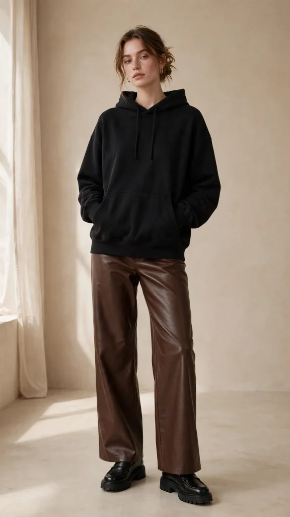 01-oversized-black-hoodie-with-chocolate-brown-leather-wide-leg-pants 1. Oversized Black Hoodie with Chocolate Brown Leather Wide Leg Pants