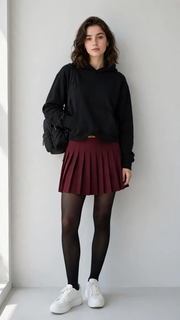 02-cropped-black-hoodie-with-burgundy-pleated-mini-skirt-and-tights 2. Cropped Black Hoodie with Burgundy Pleated Mini Skirt and Tights