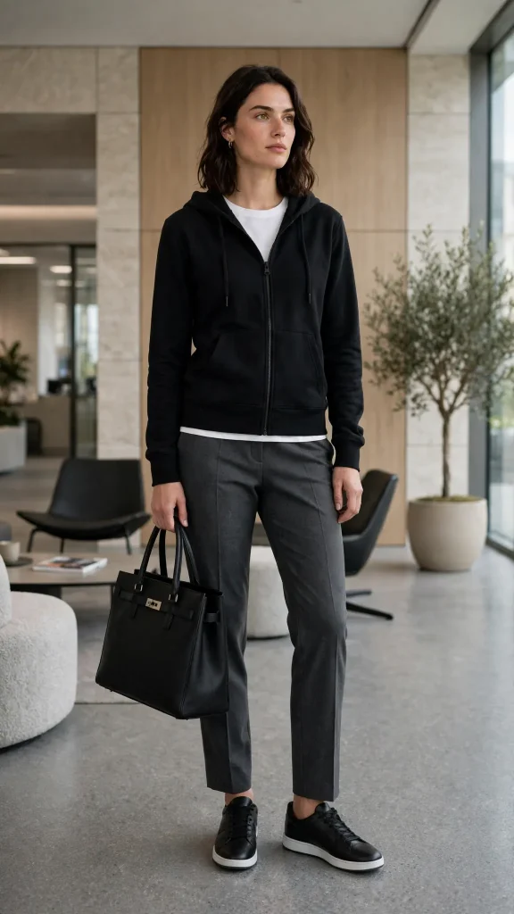 03-black-zip-up-hoodie-with-charcoal-grey-tailored-wool-trousers 3. Black Zip Up Hoodie with Charcoal Grey Tailored Wool Trousers