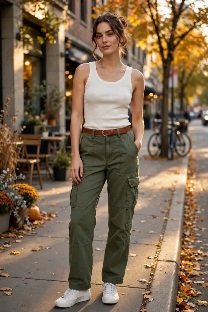 03-olive-green-cargo-pants-with-a-fitted-ivory-tank-top Olive Green Cargo Pants with a Fitted Ivory Tank Top