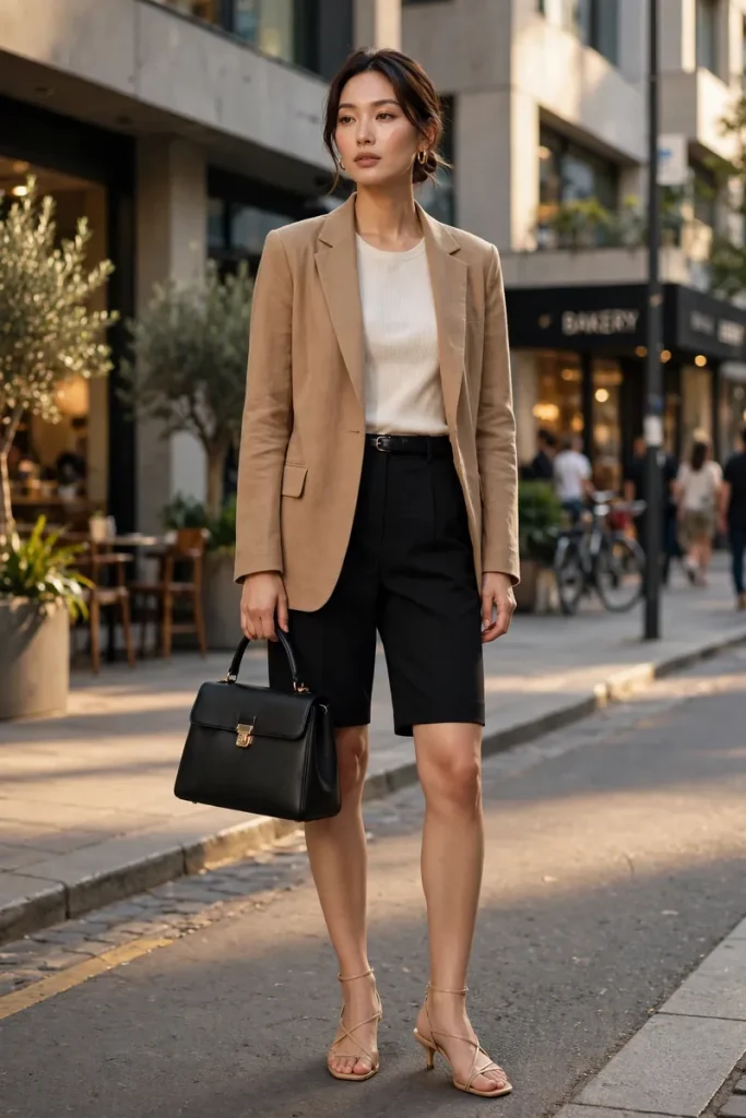 05-black-tailored-bermuda-shorts-with-a-camel-blazer Black Tailored Bermuda Shorts with a Camel Blazer