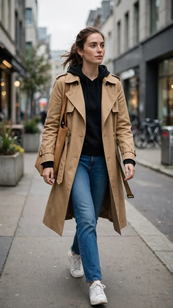 05-fitted-black-hoodie-with-camel-trench-coat-and-straight-jeans 5. Fitted Black Hoodie with Camel Trench Coat and Straight Jeans