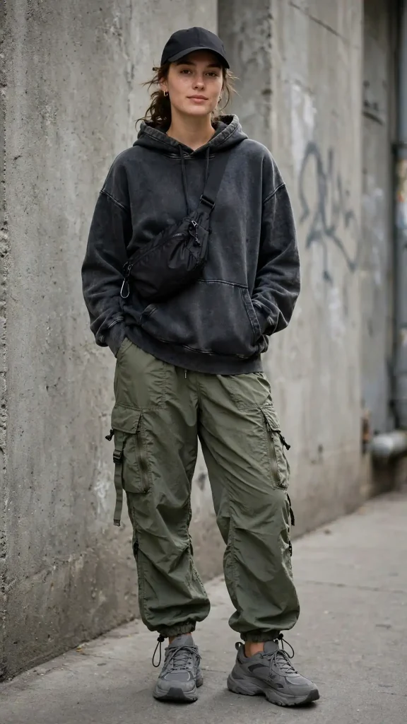 06-washed-black-hoodie-with-olive-green-cargo-parachute-pants 6. Washed Black Hoodie with Olive Green Cargo Parachute Pants