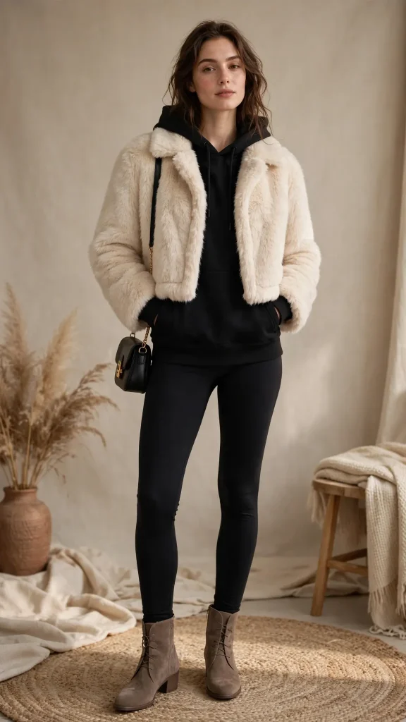 07-black-hoodie-with-cream-faux-fur-jacket-and-leggings 7. Black Hoodie with Cream Faux Fur Jacket and Leggings