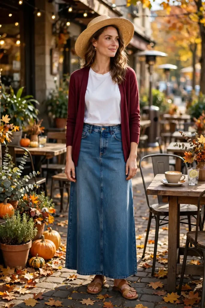 08-denim-maxi-skirt-with-a-burgundy-lightweight-cardigan Denim Maxi Skirt with a Burgundy Lightweight Cardigan