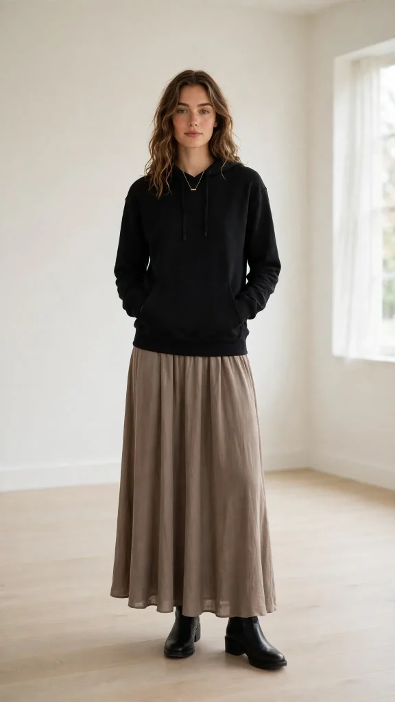 08-minimalist-black-hoodie-with-taupe-maxi-skirt-and-boots 8. Minimalist Black Hoodie with Taupe Maxi Skirt and Boots