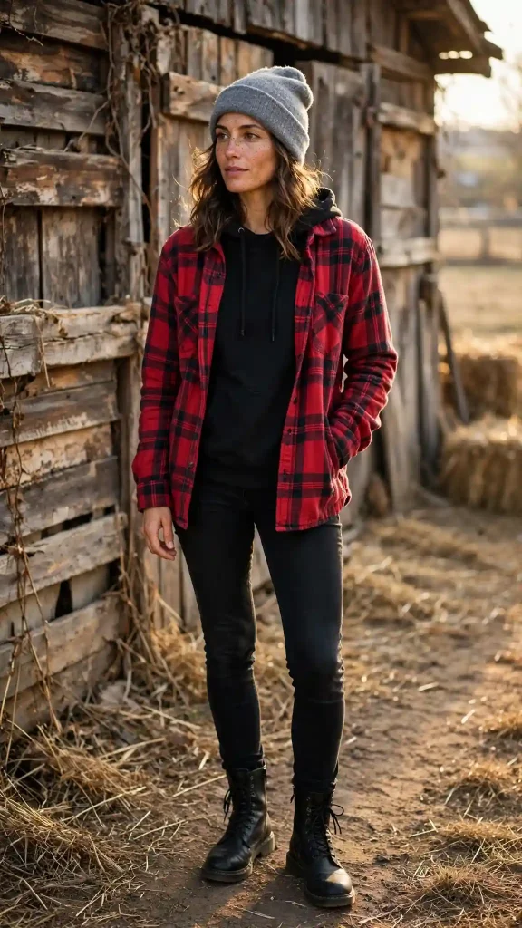 09-black-hoodie-with-red-plaid-shacket-and-black-skinny-jeans 9. Black Hoodie with Red Plaid Shacket and Black Skinny Jeans