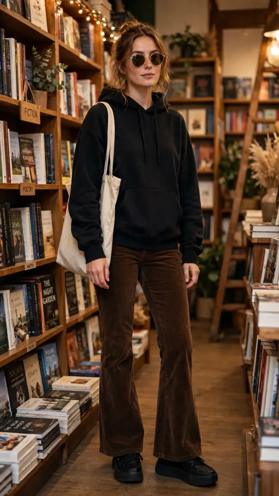 10-boxy-black-hoodie-with-espresso-brown-corduroy-flared-pants 10. Boxy Black Hoodie with Espresso Brown Corduroy Flared Pants