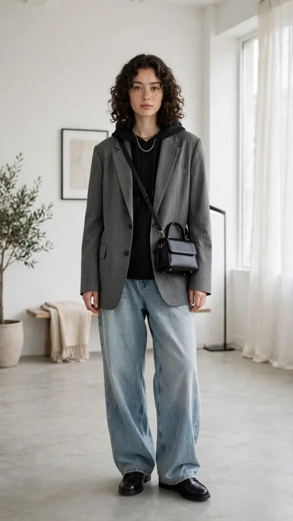 11-black-hoodie-with-grey-pinstripe-blazer-and-baggy-jeans 11. Black Hoodie with Grey Pinstripe Blazer and Baggy Jeans