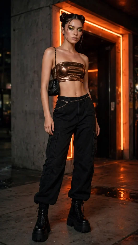 12-bronze-metallic-bandeau-top-with-black-low-rise-cargo-pants 12. Bronze Metallic Bandeau Top with Black Low Rise Cargo Pants