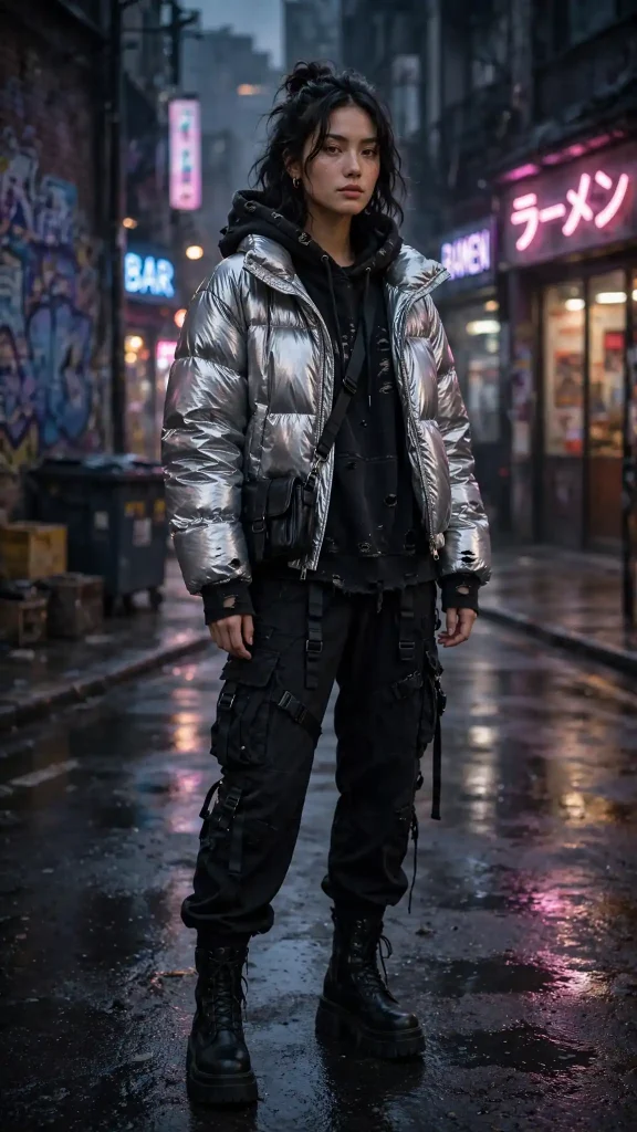 12-distressed-black-hoodie-with-metallic-silver-puffer-and-cargo-pants 12. Distressed Black Hoodie with Metallic Silver Puffer and Cargo Pants