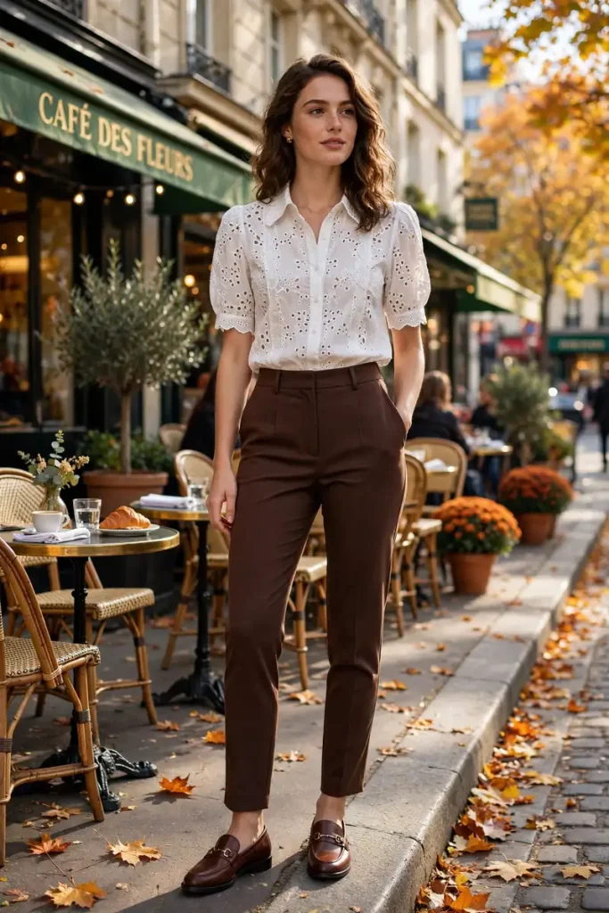 White Eyelet Blouse with Chocolate Brown Tailored Trousers
