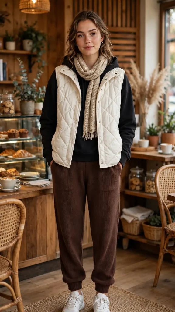 13-black-hoodie-with-ivory-quilted-vest-and-chocolate-knit-pants 13. Black Hoodie with Ivory Quilted Vest and Chocolate Knit Pants