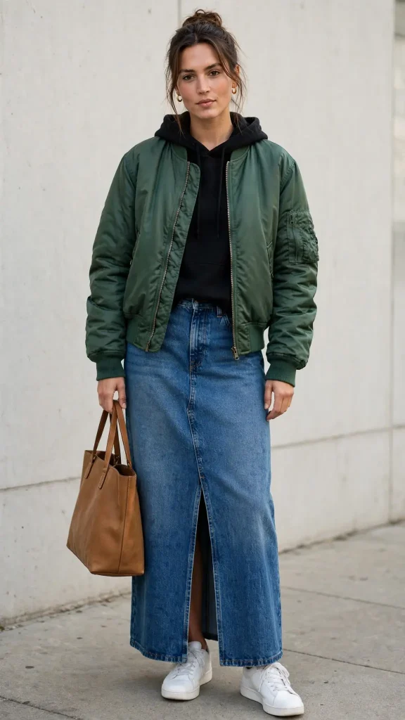14-black-hoodie-with-forest-green-bomber-jacket-and-denim-maxi-skirt 14. Black Hoodie with Forest Green Bomber Jacket and Denim Maxi Skirt