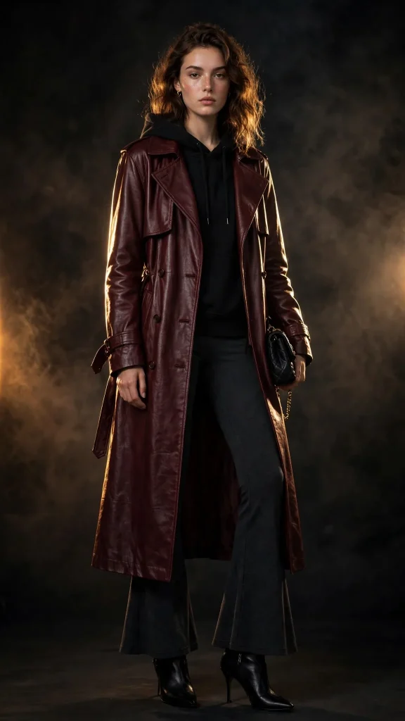 16-black-hoodie-with-burgundy-leather-trench-and-charcoal-flared-leggings 16. Black Hoodie with Burgundy Leather Trench and Charcoal Flared Leggings