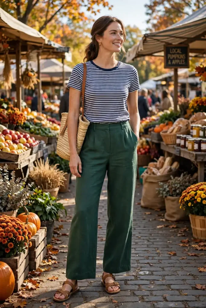 16-forest-green-wide-leg-pants-with-a-striped-cotton-tee Forest Green Wide Leg Pants with a Striped Cotton Tee