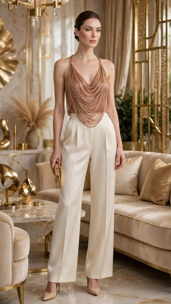 16-rose-gold-draped-chain-top-with-cream-satin-trousers 16. Rose Gold Draped Chain Top with Cream Satin Trousers