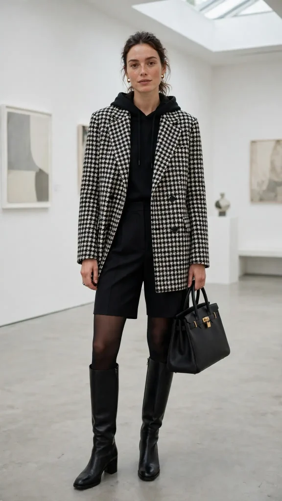 18-black-hoodie-with-houndstooth-wool-coat-and-tailored-bermuda-shorts 18. Black Hoodie with Houndstooth Wool Coat and Tailored Bermuda Shorts