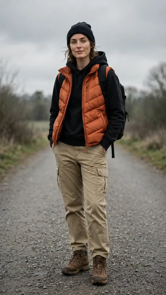 19-black-hoodie-with-rust-orange-puffer-vest-and-utility-trousers 19. Black Hoodie with Rust Orange Puffer Vest and Utility Trousers