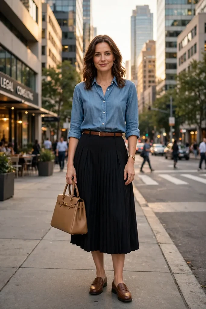 19-black-pleated-midi-skirt-with-a-soft-blue-button-down Black Pleated Midi Skirt with a Soft Blue Button-Down