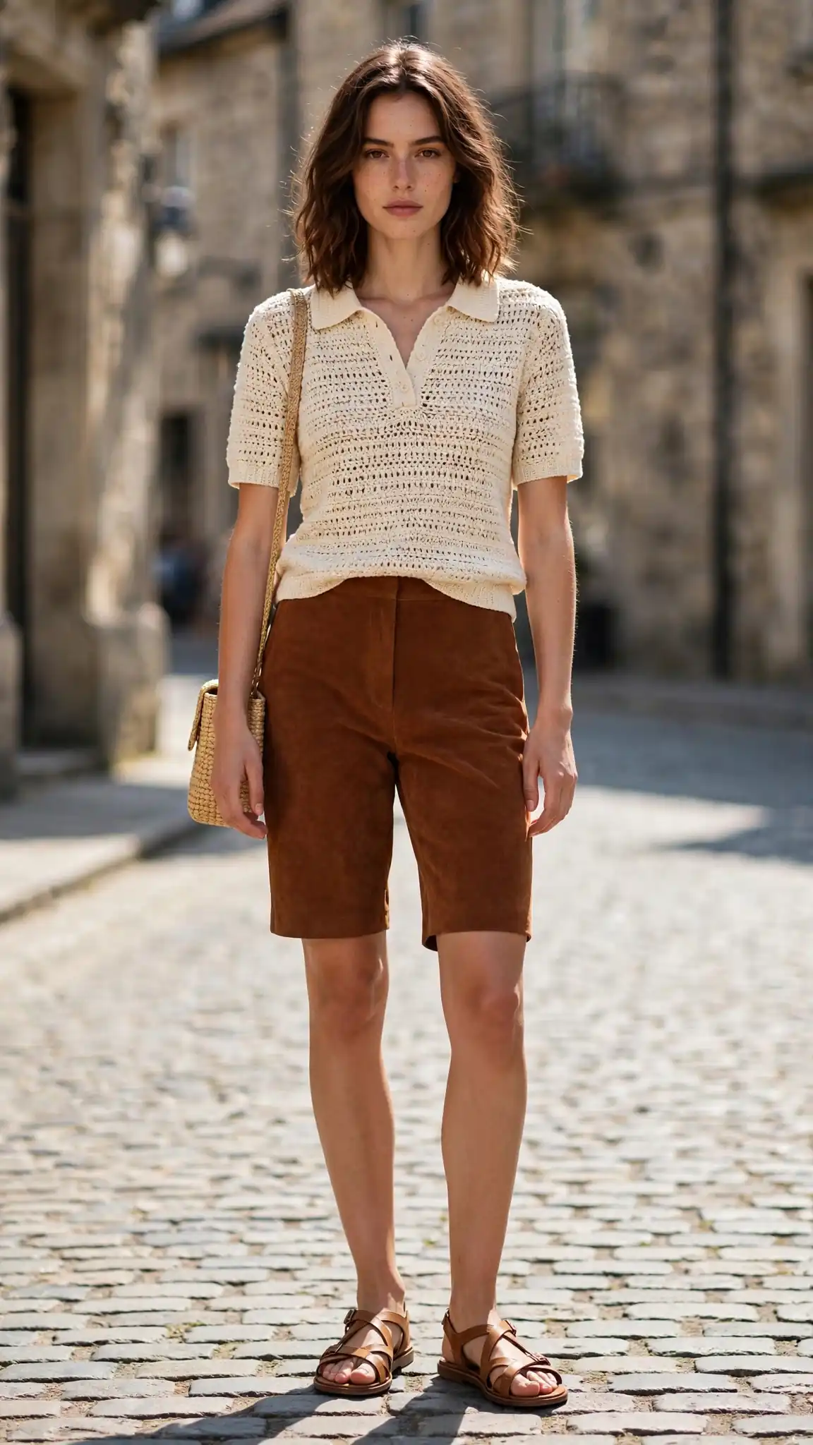 19-cream-crochet-polo-with-rust-brown-suede-bermuda-shorts Cream Crochet Polo with Rust Brown Suede Bermuda Shorts